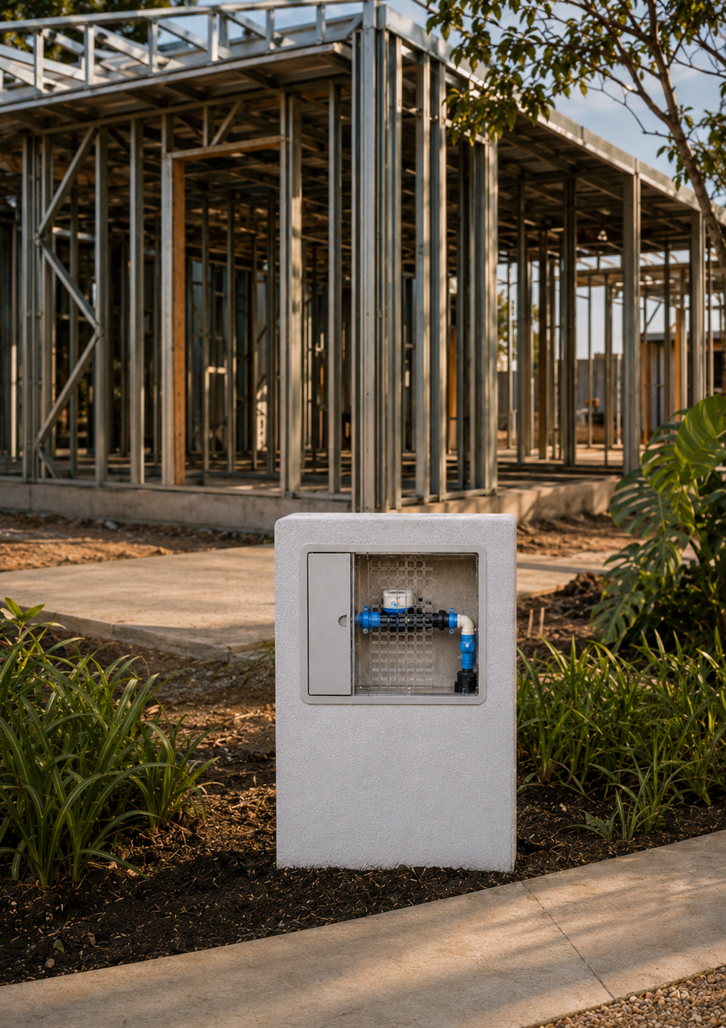 Water Frame instalado diante de uma residência em construção com estrutura steel frame